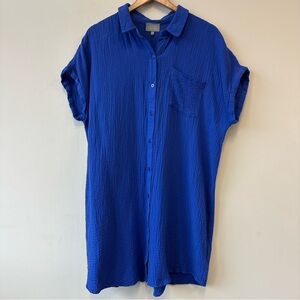 Gauzy Cotton Royal Blue Button Down Shirt Dress